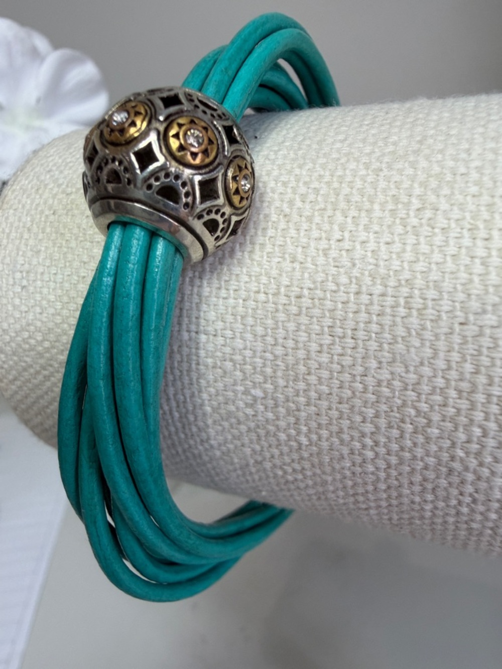 Turquoise Multi-Strand Leather Bracelet with Ornate Metal Bead by Brighton NWT